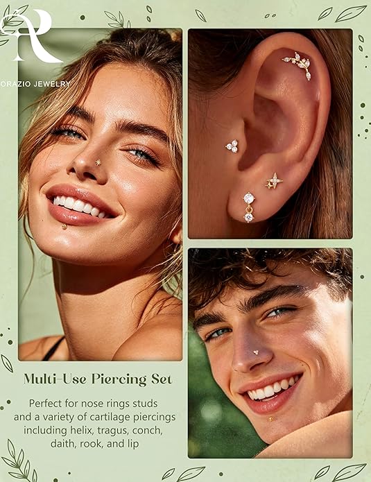 Flat Back Stud Earrings for Women Hypoallergenic Surgical Steel Internal Thread CZ Stud Piercing Jewelry for Tragus Helix Conch Cartilage 14K Gold/Silver Plated Nose Lip Labret Medusa Piercing 16G 18G