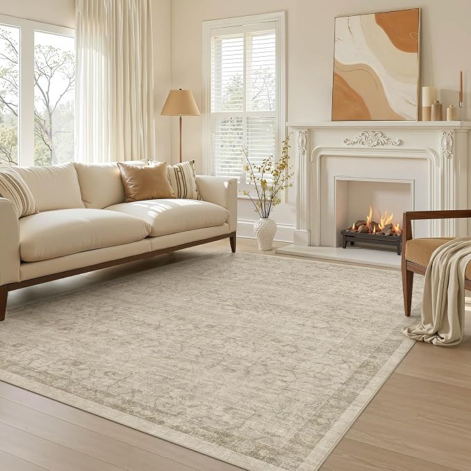 Nakagishi 5X7 Area Rugs Living Room: Washable Large Vintage Rug Neutral Non-Slip Soft Stain Resistant Indoor Carpet for Bedroom Nursery Dining Room Office Playroom - Vintage Brown