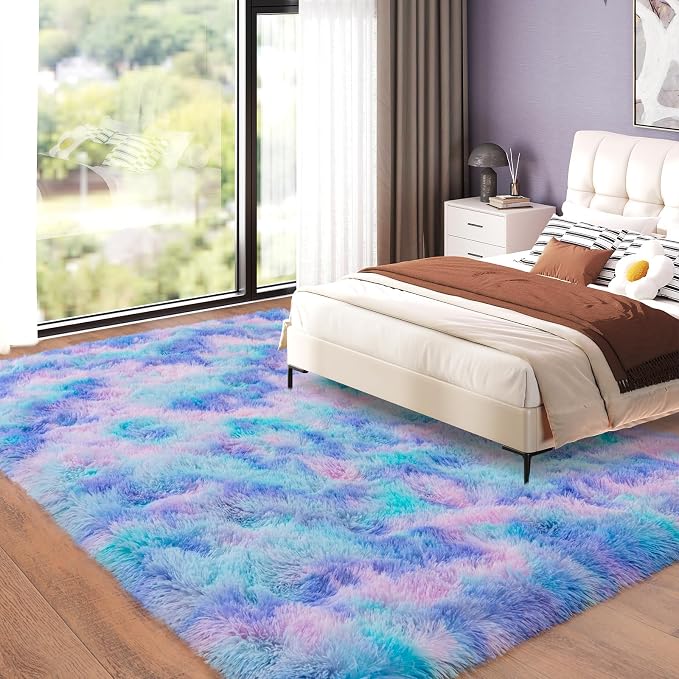 Dssimo Cute Furry Purple Rainbow Rugs for Bedroom Girls Room Decor | Upgrade Non-Slip Large 9x12 Area Rugs for Kid Room, Playroom Nursery Dorm Home Decor, Plush Mermaid Kawaii Rug Fluffy Carpet