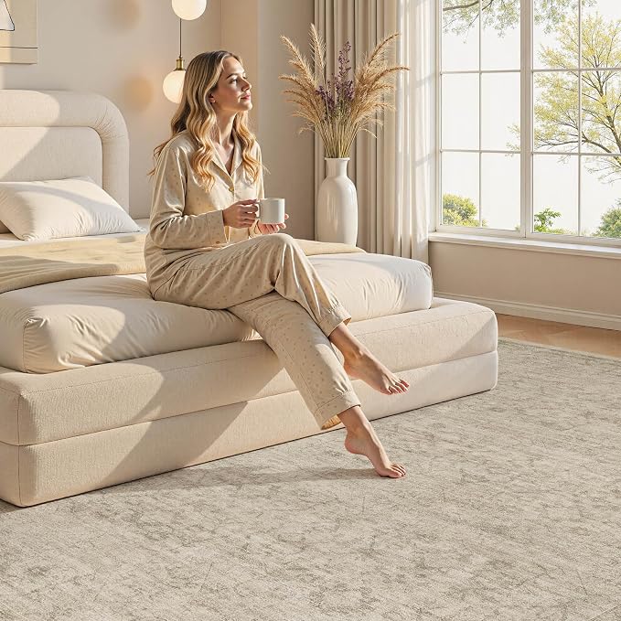 Nakagishi 10X12 Area Rugs Living Room: Washable Large Vintage Rug Neutral Non-Slip Soft Stain Resistant Indoor Carpet for Bedroom Nursery Dining Room Office Playroom - Vintage Brown