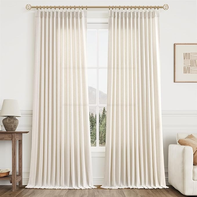 Aersas Natural Pinch Pleat Linen Curtains 96 Inch Length 2 Panels Set for Bedroom Dining Room Semi Sheer Linen Boho Farmhouse Neutral Window Curtains 96 Inches Long for Living Room Nursery 70x96