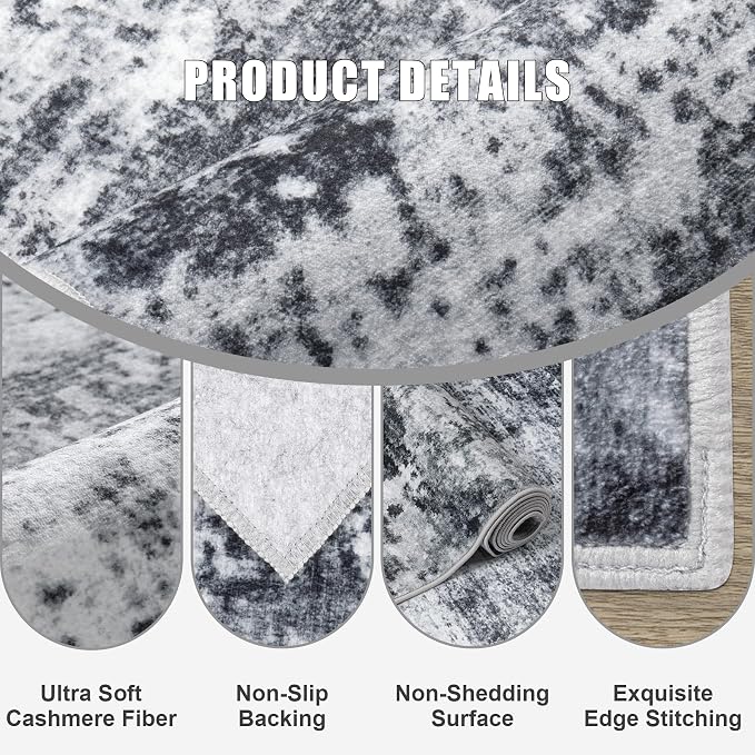 6x6 Area Rug Living Room Rug: Washable Modern Abstract Soft Thin Rug Indoor Floor No Slip Stain Resistant Carpet for Bedroom Dining Room Farmhouse Nursery Home Office - Dark Black