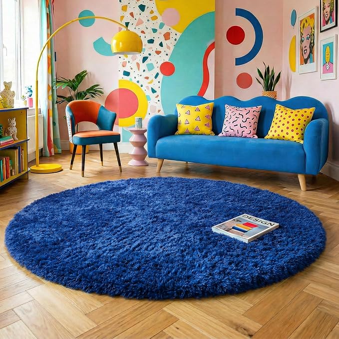 Amdrebio Navy Blue Round Rug 4Ft for Boys Room Bedroom, Circle Area Rugs for Kids Room, Living Room Decor Aesthetic, Fluffy Shag Fur Throw Royal Dark Blue Carpet for Preppy Dorm Playroom Baby Nursery