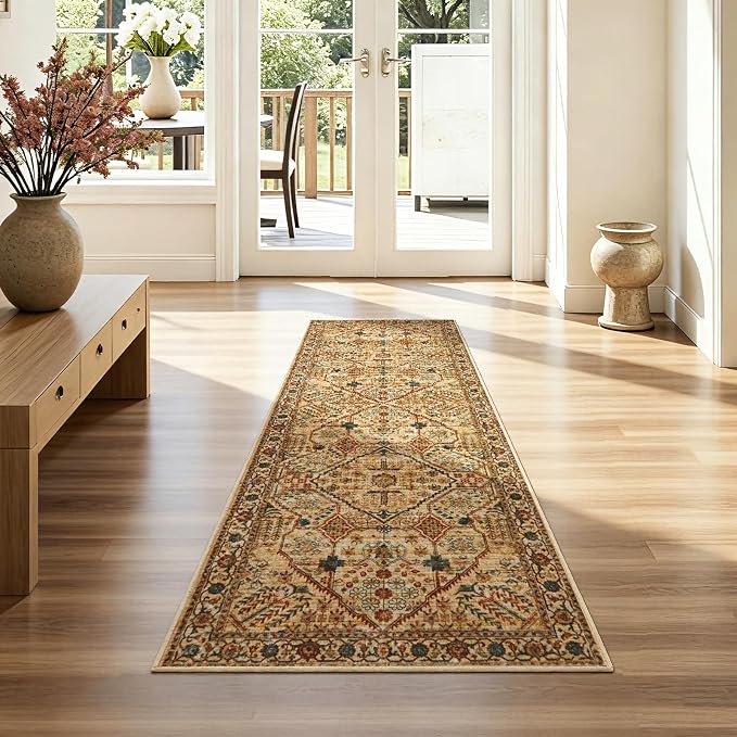 Joydeco Washable 2x5 Hallway Runner Rug Vintage, Tan | Water Resistant Low Pile Non Slip Backing for Kitchen Entryway Bedroom Bathroom Dining Room