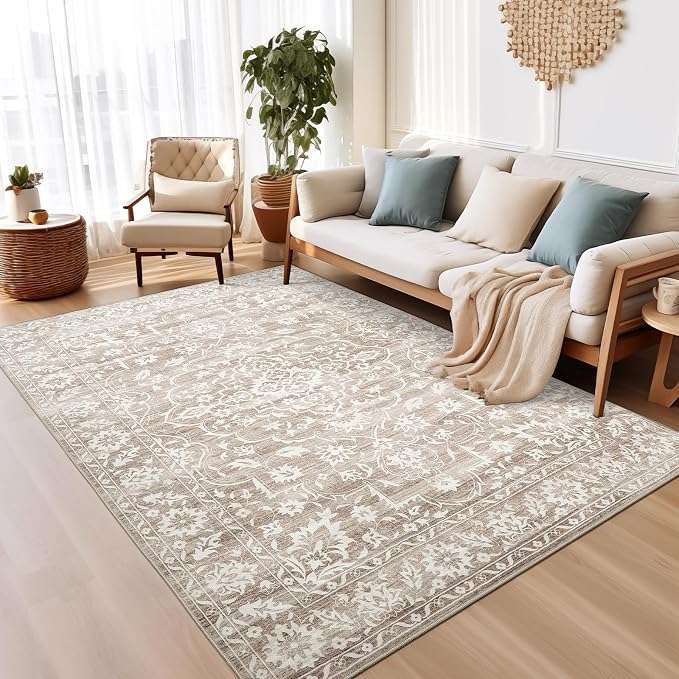 Soalmost 5x7 Area Rugs for Living Room, Washable Neutral Soft Rug | Vintage Floral Non-Slip Low Pile Throw Large Carpet for Dining Room Bedroom Kitchen Home Office Nursery Light Brown 5'x7'