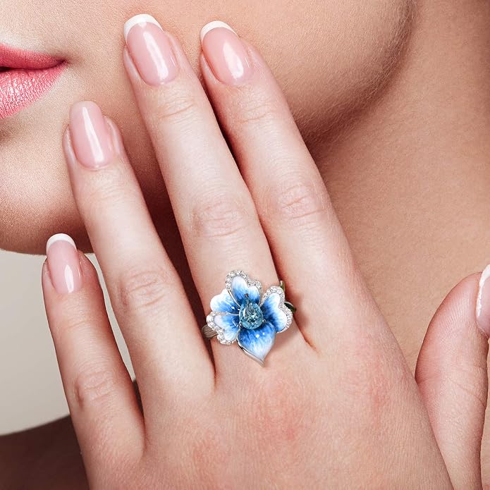 Santuzza 925 Sterling Silver Enamel Flower Statement Ring for Women