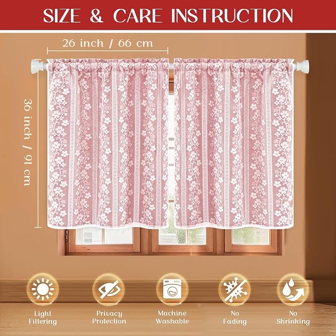 ASPMIZ Linen Kitchen Curtains Double Layers Window Curtain with Linen Lace, Farmhouse Cafe Curtain 36 Inch Length Rod Pocket, Light Filtering Bathroom Tier Curtains with 2 Tiebacks, Red