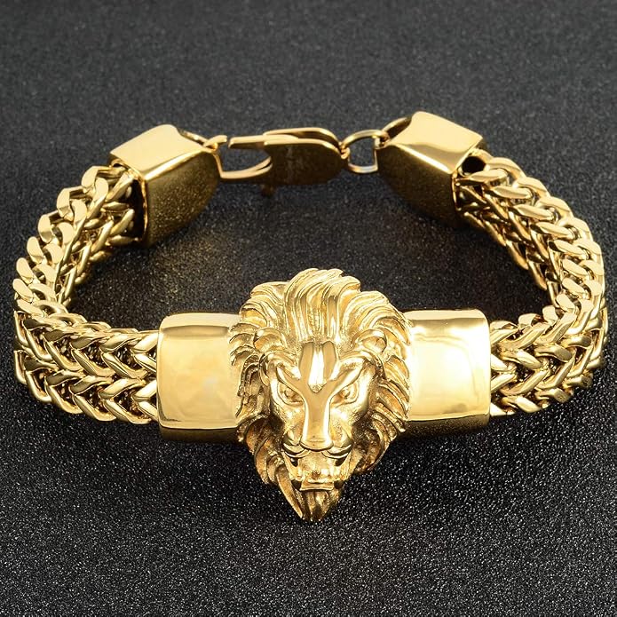 Mens Bracelet Stainless Steel Heavy 12mm Double Franco Chain Lion Head Bracelet Jewelry Men Biker…