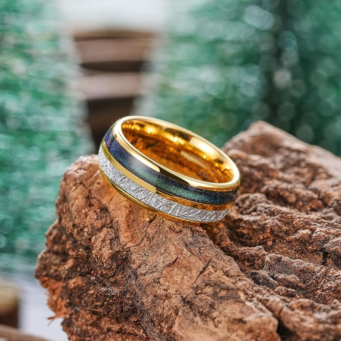 King Will Tungsten Rings for Men Meteorite Carbon Fiber Wood Inlay Mens Wedding Engagement Band Domed Polished
