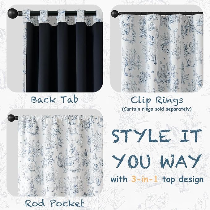 jinchan Blue Blackout Curtains W38xL63 Whimsical Back Tab 2 Panels | Room darkening,nursery kids bedroom,privacy,whimsical,cottagecore,bunny pattern,botanical,nature-inspired decor