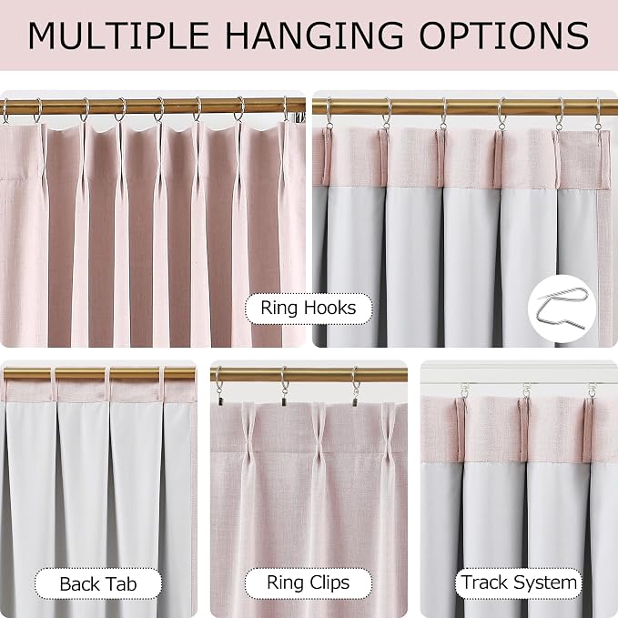 Vision Home Soft Pink Pinch Pleated Full Blackout Curtains Linen Blended Room Darkening Window Curtains 120 inch for Living Room Bedroom Thermal Insulated Pinch Pleat Drapes with Hooks 60" Wx120 Lx1