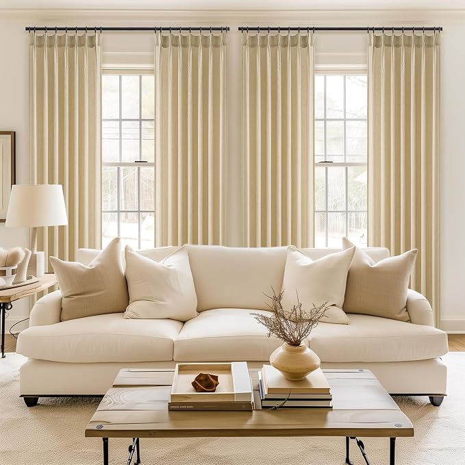 Topfinel Pinch Pleated Curtains 90 Inches Long 2 Panels Set,Beige Semi Sheer Cotton Blend Linen Burlap Farmhouse Modern Light Filtering Curtain Drapes for Living Room Bedroom,40x90 inch Length