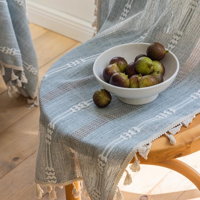 ColorBird Boho Curtains Dusty Blue Linen-Textured for Living Room Bedroom 63 Inch Length Light Filtering Farmhouse Curtains & Drapes Embroidered Striped Window Treatment for Dining Room Kitchen