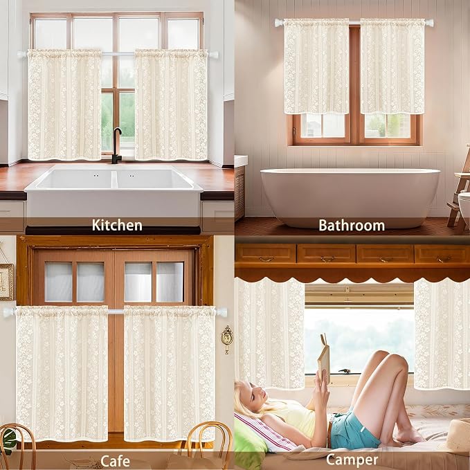 ASPMIZ Linen Kitchen Curtains 36 Inch Length, Double Layered Window Curtain 2 Panel Sets Rod Pocket Short Curtains for Kitchen, Farmhouse Window Treatment Tiers for Bathroom, Cafe, Beige