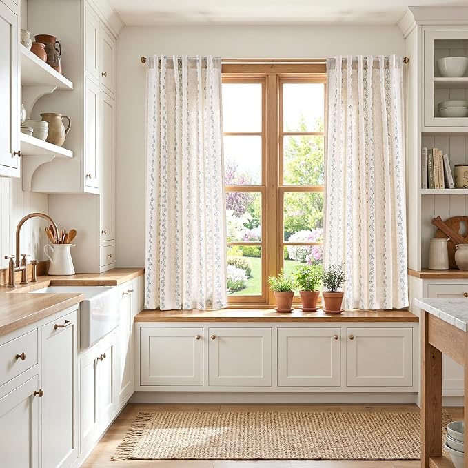 Lazzzy Cathy Linen Floral Curtains 63 inch Length for Kitchen Cute Privacy Curtains for Kids Room Rod Pocket Back Tab Light Filtering Drapes Farmhouse Cottagecore Decor 50"x63" Blue on Linen