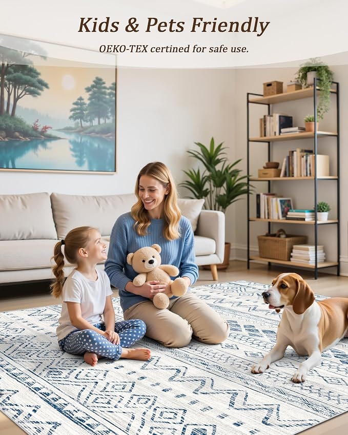 Miukiki 8x10 Area Rug for Living Room Moroccan Washable Rugs Non Slip Indoor Floor Carpet Foldable Large Soft Area Rug for Dining Room Bedroom with Low Pile(Blue,8'x10')