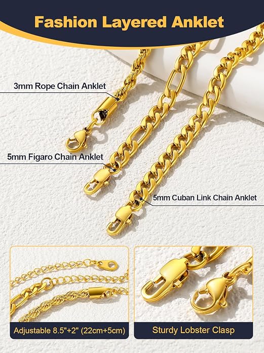 U7 2Pcs/3Pcs Ankle Bracelets for Women, Stainless Steel Cuban Link/Figaro/Rope/Heart Chain Anklets Sets,Waterproof Layered Anklets Adjustable 8.5"-10.5"