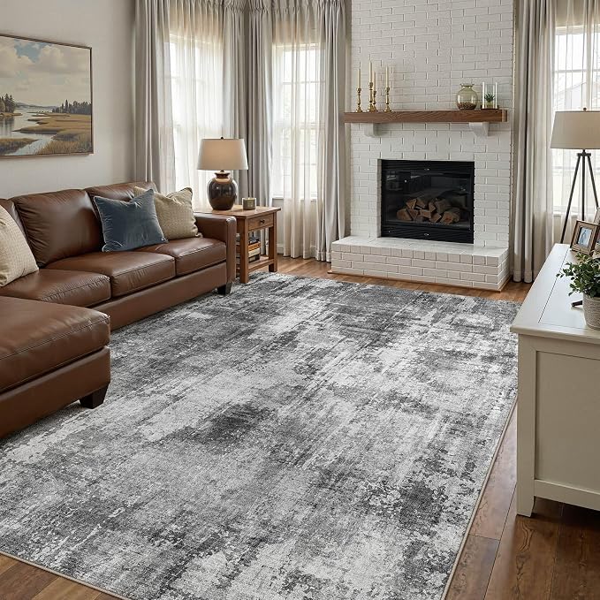 DMOYEST 8x10 Area Rug for Living Room, Washable & Non Slip Large Indoor Carpet, Kid & Pet Friendly Soft Thin Low Pile Abstract Rug for Bedroom and Office - Black