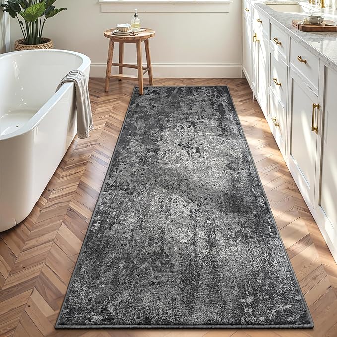 2x7 Black Rug Runners for Hallways Kitchen Runner Rug Non Slip Washable Black Long Runner Rugs with Rubber Backing Soft Abstract Carpet Runner for Bedroom, Kitchen, Bathroom, Entryway