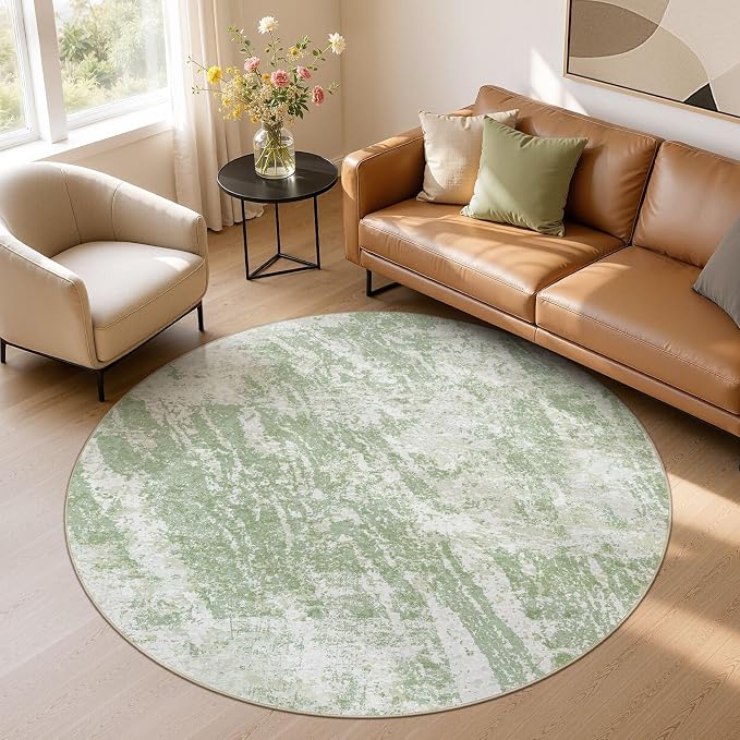 DMOYEST 6ft Round Washable Area Rug for Living Room: Modern Abstract Neutral Circle Carpet, 6x6 Soft Low Pile Non-Slip Floor Mat for Bedroom Under Dining Table, Kids & Pet - Green