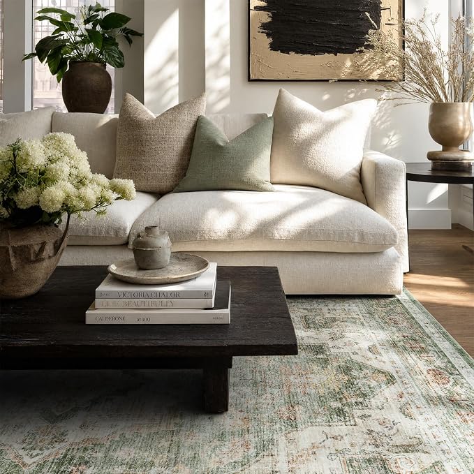 AMOAMI-Area Rug 5X7 Rugs for Living Room-Vintage Soft Green Rugs for Bedroom-Non Slip Carpet-Machine Washable Rug for Dining Room Living Room Bedroom Office Under Table