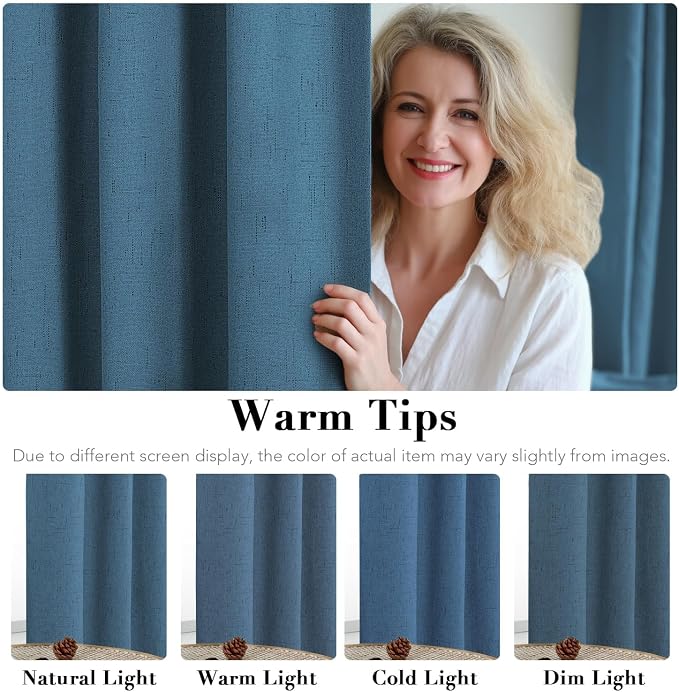 H.VERSAILTEX Linen Curtains 100% Blackout Curtains for Bedroom 90 inch Long Full Light Blocking Nature Linen Blended Window Curtains for Living Room Nickel Grommet (2 Panels, Blue Sapphire)