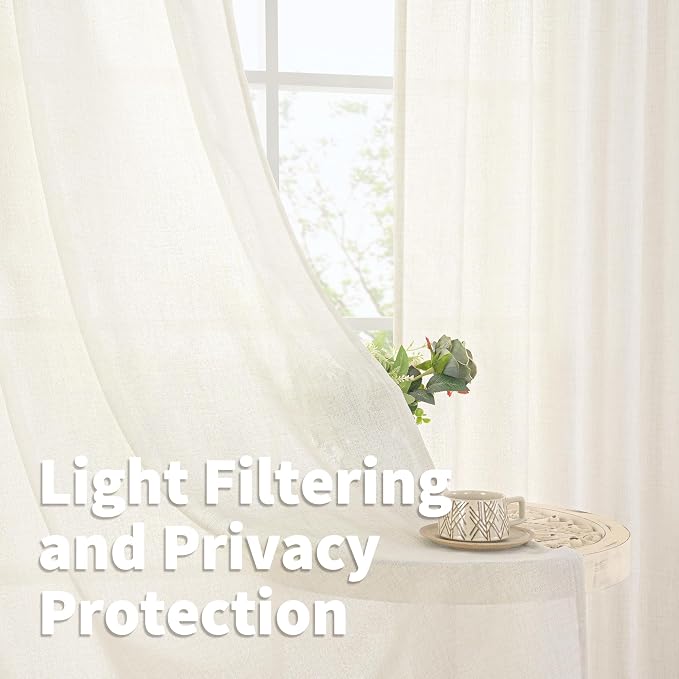 YoungsTex Ivory Linen Curtains 84 Inch Length for Living Room, Rusitc Semi Sheer Drapes with Bronze Grommet Privacy Light Filtering for Bedroom Farmhouse Decorative, 52 x 84 Inch, 2 Panels