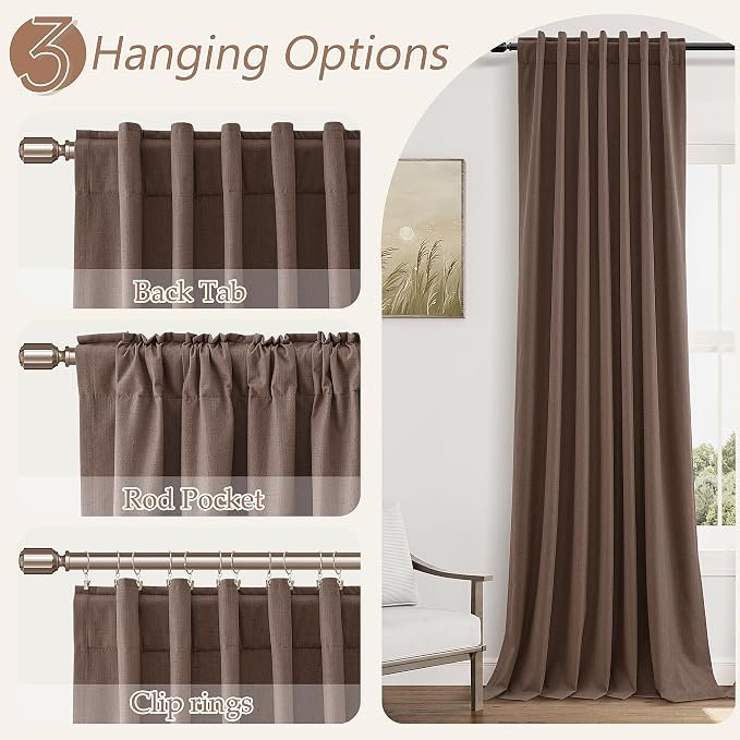Guken Cappuccino 100% Blackout Linen Curtains 108 Inch Length 2 Panels Set for Living Room Bedroom Back Tab/Rod Pocket Thermal Insulated Farmhouse Black Out Drapes Room Darkening,52x108