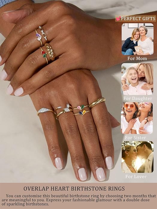 Mothers Day Gifts Gold Heart Birthstone Rings for Women Non Tarnish Stackable Pinky Ring Dainty 14K Gold Plated CZ Gemstone Ring Wedding Promise Ring Birthday Jewelry Gift for Mom