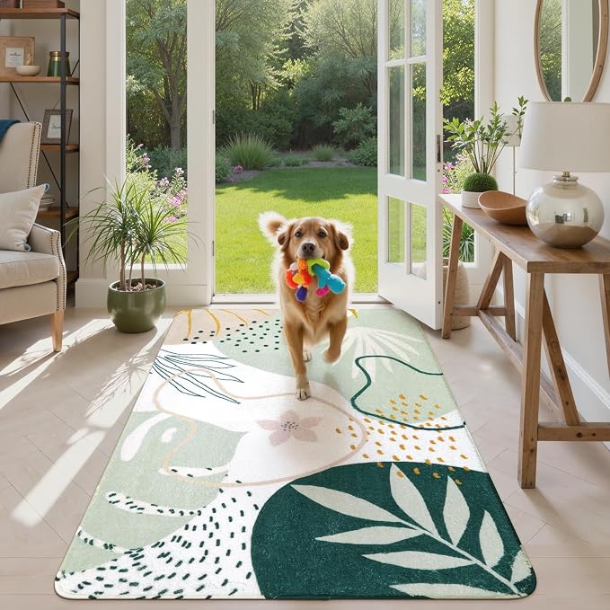 Lahome Green Botanical Print Small Throw Rugs Modern Abstract Non-Slip 3x5 Minimalist Art Area Rug Accent Distressed WashableFloor Carpet for Living Room Bedroom Entryway