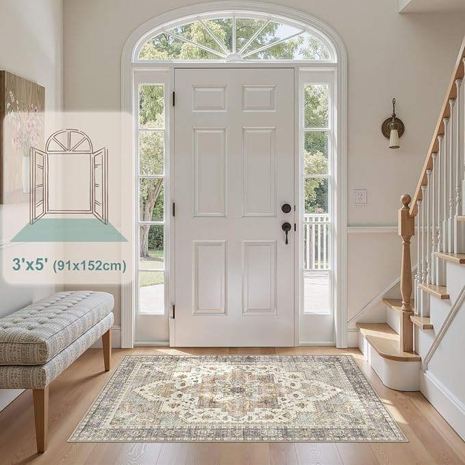 Tortania Area Rug Living Room Rugs - 3x5 Washable Rug Vintage Oriental Distressed Farmhouse Small Thin Indoor Carpet for Living Room Bedroom Under Dining Table Home Office - Greige