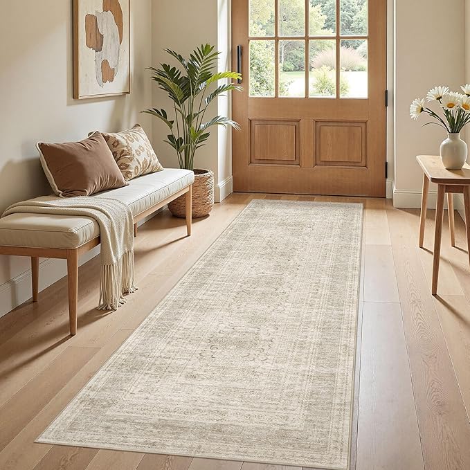 Nakagishi Washable Runner Rug 2x6: Vintage Neutral Non-Slip Entryway Rug for Hallway & Kitchen, Soft Low Pile Floor Carpet for Bedroom - Beige Gray