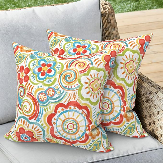 Outdoor 16x16 Inch Throw Pillow Covers Set of 2, All Weather Square Pillow Cases, Patio Cushion Pillow of Home Furniture Use, Flower Multi