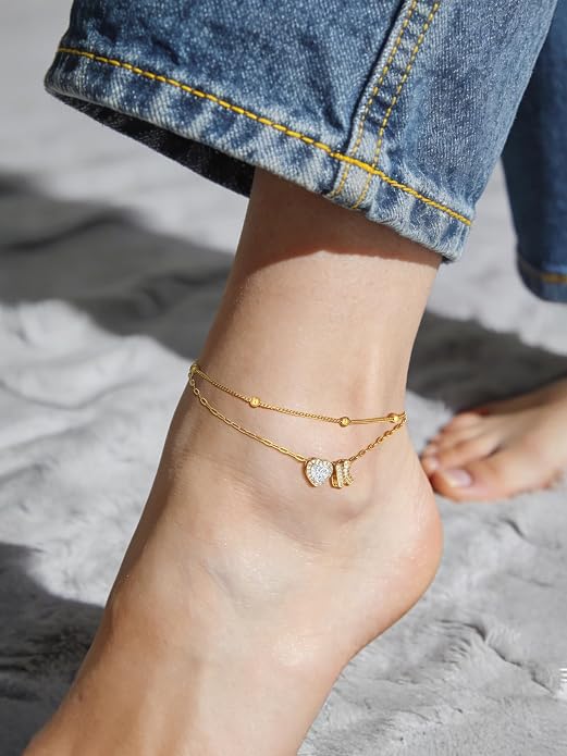 FindChic Silver/14K Gold Plated Layered CZ Initial Ankle Bracelet for Women | Waterproof Stainless Steel, Cubic Zirconia Letter Charm, Non-Tarnish, Hypoallergenic, Adjustable Extender, Summer Jewelry
