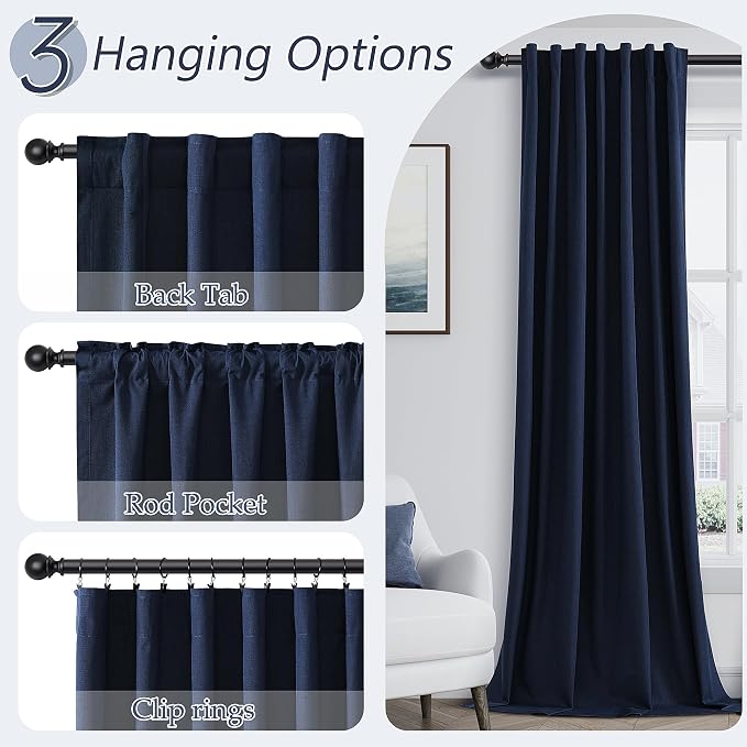Guken Navy Blue 100% Blackout Curtains 108 Inch Length 2 Panels Set for Living Room Bedroom Back Tab Thermal Insulated Black Out Linen Drapes Room Darkening Window Curtains 108 Inches Long