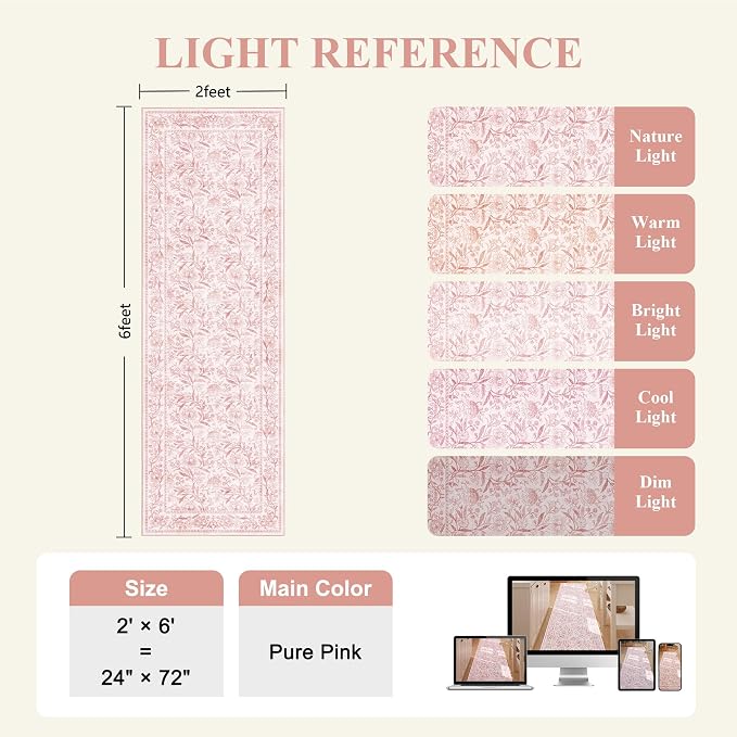 DUKINO 2x6 Runner Rug, Washable Vintage Floral Kitchen Rug, Light Pink | Non Slip, Low Pile, Non-Shedding, Stain Resistant Soft Carpet Runner for Hallway Bathroom Entryway Bedroom Laundry Farmhouse