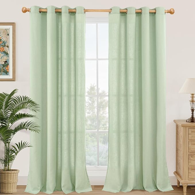 YoungsTex Sage Linen Curtains for Living Room Spring Decor, Light Green Light Filtering Drapes with Grommet for Dining Bedroom Boho Rustic Privacy, 2 Panels, 52 X 90 Inch