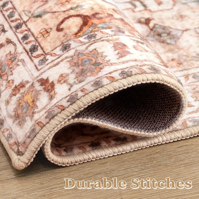 SERISSA Boho 8x10 Area Rugs Peach Cream, Washable Vintage Large Living Room Rug Non-Slip, Ultra Soft Oriental Print Distressed Farmhouse Carpet for Dining Room Bedroom Dorm Office Home Decor