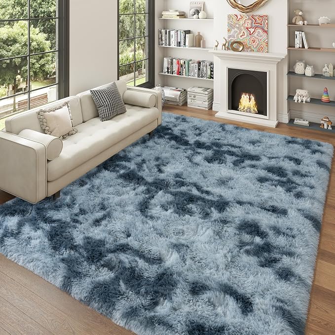 5x7 Area Rugs for Living Room, Dark Blue Tie-Dyed Plush Fluffy Carpet | Upgrade Non-Slip Thick Large Blue Area Rug for Nursery Kids Room Dorm Room Home Decor, Indoor Plush Floor Carpet