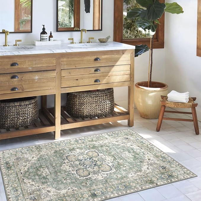LUXRUG 3x5 Washable Area Rug - Small Entryway Rug Non-Slip Sage Green Vintage Oriental Kitchen Rugs Low Pile Boho Carpet Throw Rugs for Living Room Bedroom Bathroom Entrance Dorm Office Home Decor
