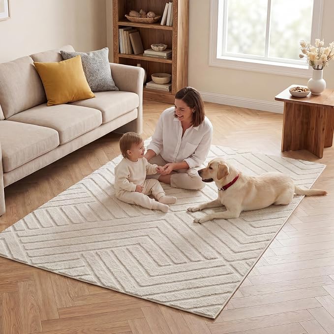 Bsmathom 3x5 Washable Area Rug, Boho Neutral Modern Soft Carpet Mat, Beige | Machine Washable, Low Pile Fluffy Plush, Non-slip, Geometric Textured, For Living Dining Kids Room Bedroom Indoor Dorm