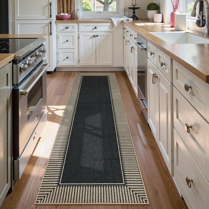 Moynesa Washable Black Striped Border Easy Jute Runner Rugs 2.5x8, Entryway Rug Runners for Kitchen, Farmhouse Indoor Outdoor Non Slip Carpet for Hallways Bathroom Bedroom Laundry