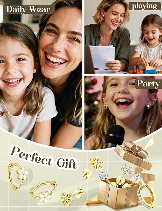 LOLIAS Hypoallergenic Flat Back Earrings for Women Girls-Cute Toddler Kids Teen Girls Earring Set-Surgical Steel Earrings for Sensitive Ears-14K Gold Plated Stainless Steel Flatback Studs Screw Back Small Hoop Cartilage Earring Stacks