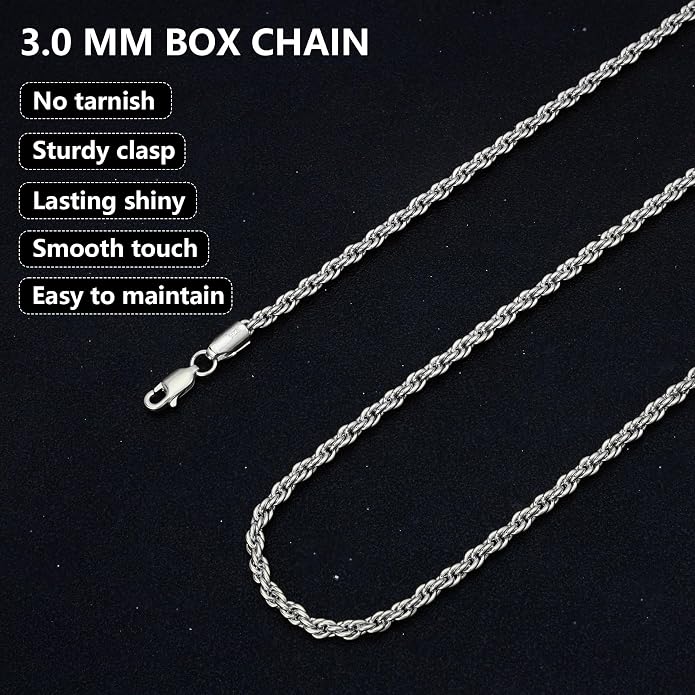 nometo Solid 925 Sterling Silver Box Chain Rope Chain Lobster Clasp Silver Chain for Men Silver Necklace Chain for Women 16/14/20/22/24/26/30 Inches