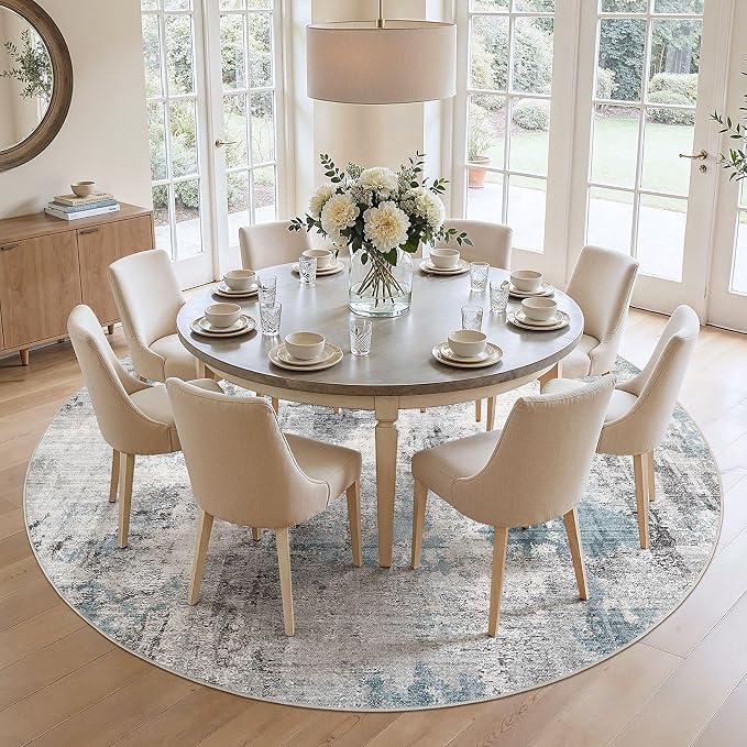 Abstract 10FT Round Rug: Machine Washable Non Slip Ultra Thin Low-Pile Carpet, Soft Stain Resistant for Living Dining Room Bedroom, Kid Pet Friendly, Robot Vacuum Compatible - Grey Blue