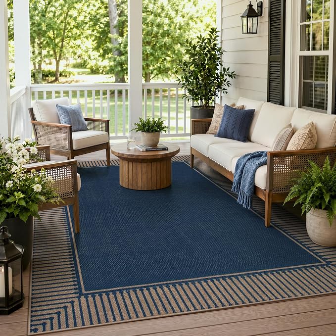 Moynesa Easy Jute Outdoor 8x10 Rug, Blue Striped Border Washable Indoor Outdoor Patio Area Rugs, Farmhouse Neutral Non Slip Carpets for Living Room Bedroom Backyard Home Decor