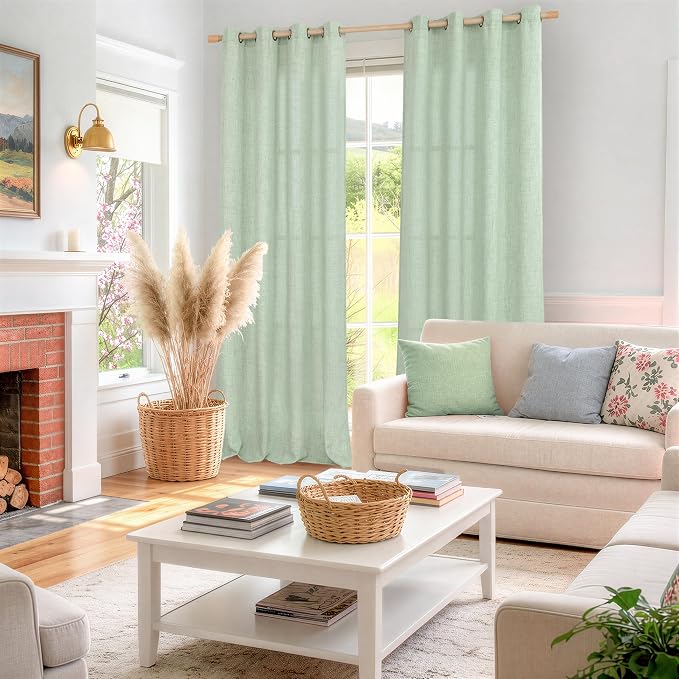 YoungsTex Sage Green Curtains, Linen Drapes 84 Inches Long for Living Room | Light Filtering with Grommet Window Treatments Semi Sheer for Dining Bedroom, 2 Panels, 52 X 84 Inch