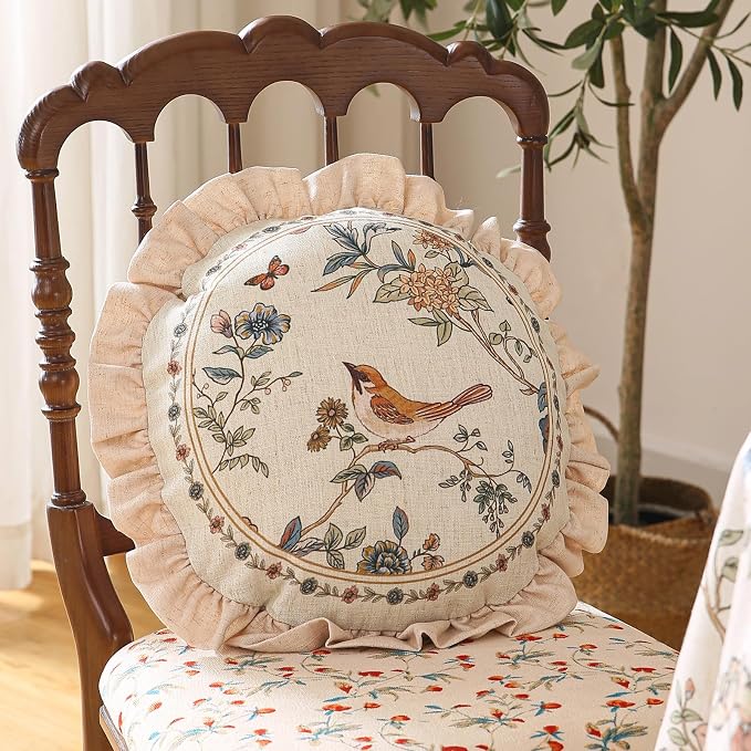 ISAENNE Vintage Linen Throw Pillow Cover,Set of 2,Diameter 16"-Cornucopia A | Designer Elegant French Round Pillow Cover,Concealed Zipper Design,Floral Pattern,Sofas,Bedroom,Living Room,Lounge Chairs