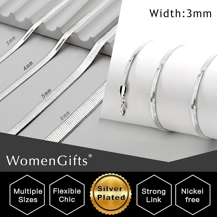 WomenGifts 14K Gold Silver Plated Herringbone Necklace for Women, Dainty Snake Chain Choker, Trendy Simple Long Layered Jewelry Non Tarnish, 3/4/5/8mm,14,16,18,20,22,24,26 Inch Thin & Chunky Options
