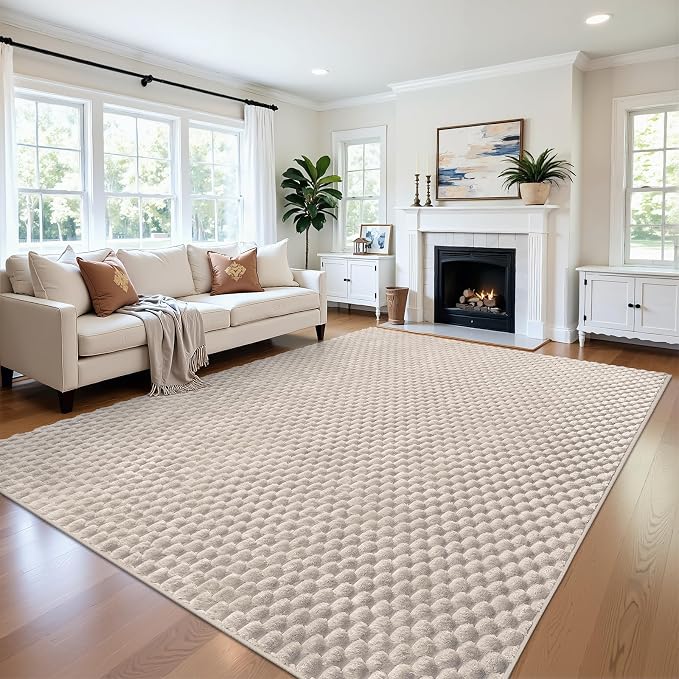 Vaukki 6x9 Area Rug for Living Room, Non Slip Washable 3D Bubble Living Room Rug, High Low Pile Hexagon Floor Mat for Bedroom, Modern Soft Fluffy Carpet for Dining Room, Office and Nursery, Beige